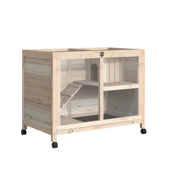 Two Tier Rabbit Hutch on Wheels with Enclosed Nest and Removable Droppings Tray