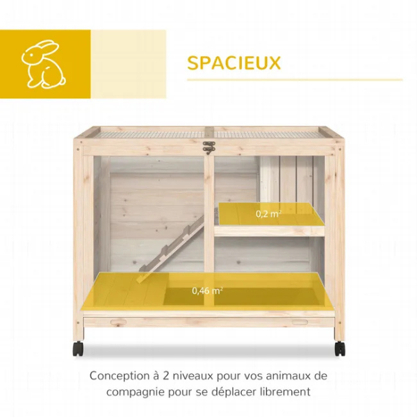 Two Tier Rabbit Hutch on Wheels with Enclosed Nest and Removable Droppings Tray