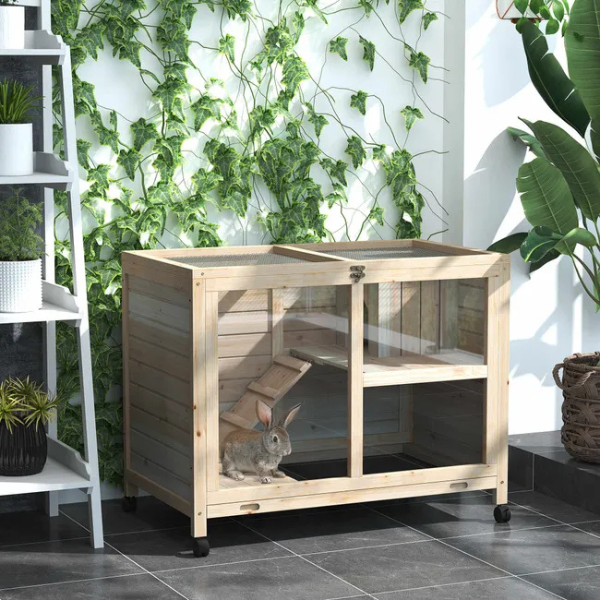 Two Tier Rabbit Hutch on Wheels with Enclosed Nest and Removable Droppings Tray