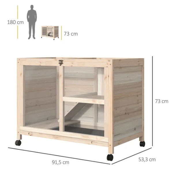 Two Tier Rabbit Hutch on Wheels with Enclosed Nest and Removable Droppings Tray