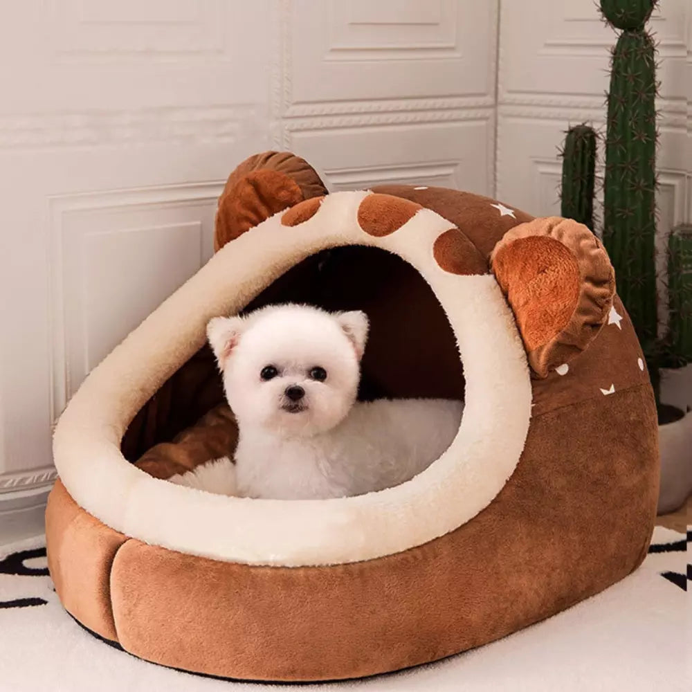 Bear Shaped Cat Bed Cozy Plush Pet House for Cats