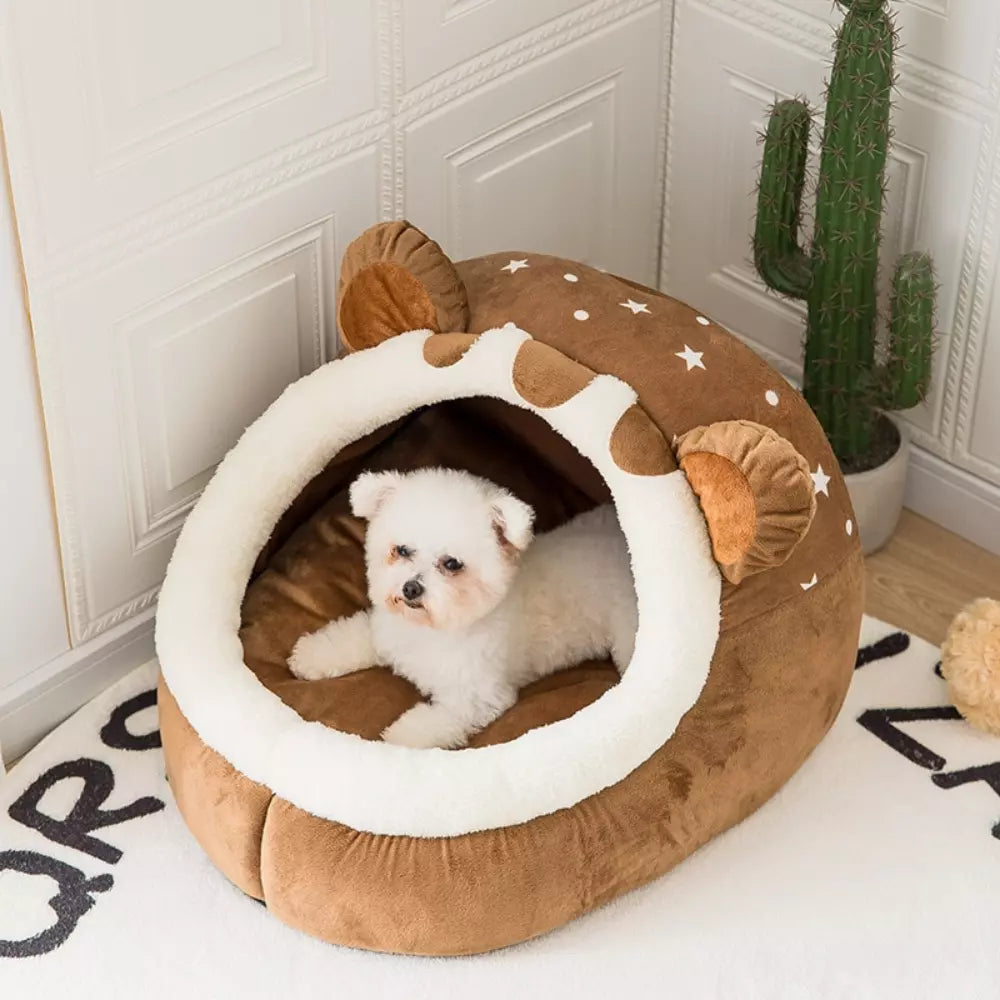 Bear Shaped Cat Bed Cozy Plush Pet House for Cats