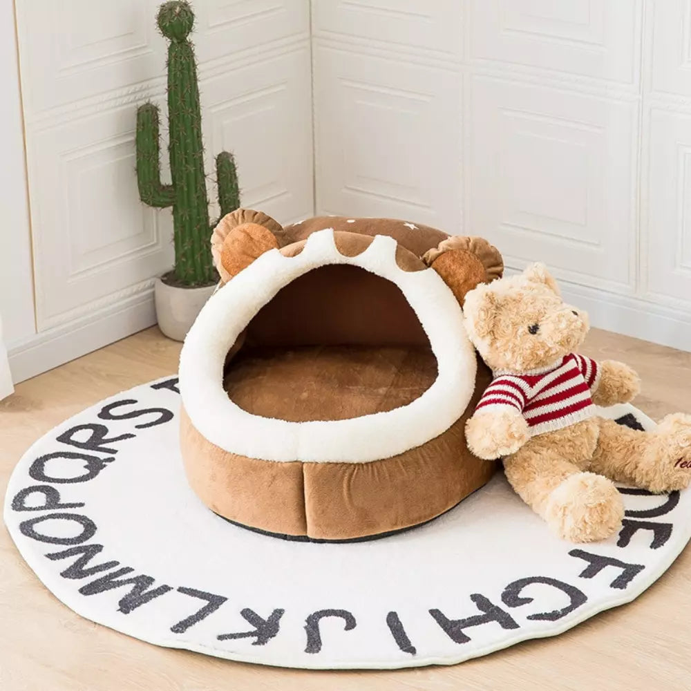 Bear Shaped Cat Bed Cozy Plush Pet House for Cats