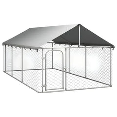 Outdoor Dog Kennel with Galvanized Steel Roof and Polyethylene Fabric 13x5x6.5 ft