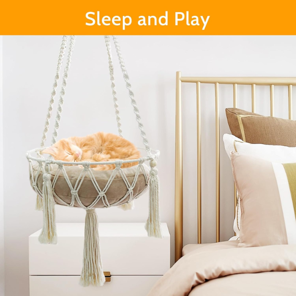 Bohemian Wicker Hanging Cat Bed Natural Woven Pet Hammock