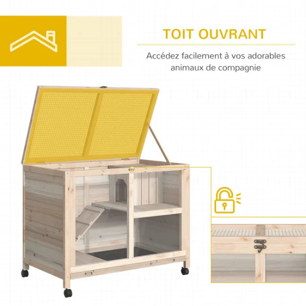 Two Tier Rabbit Hutch on Wheels with Enclosed Nest and Removable Droppings Tray