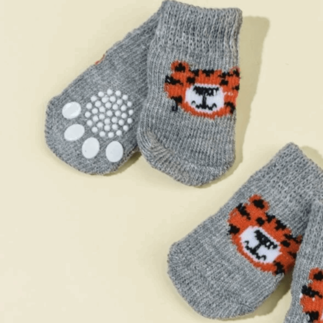 Dog Socks Gray Tiger Pattern Non Slip Pet Booties