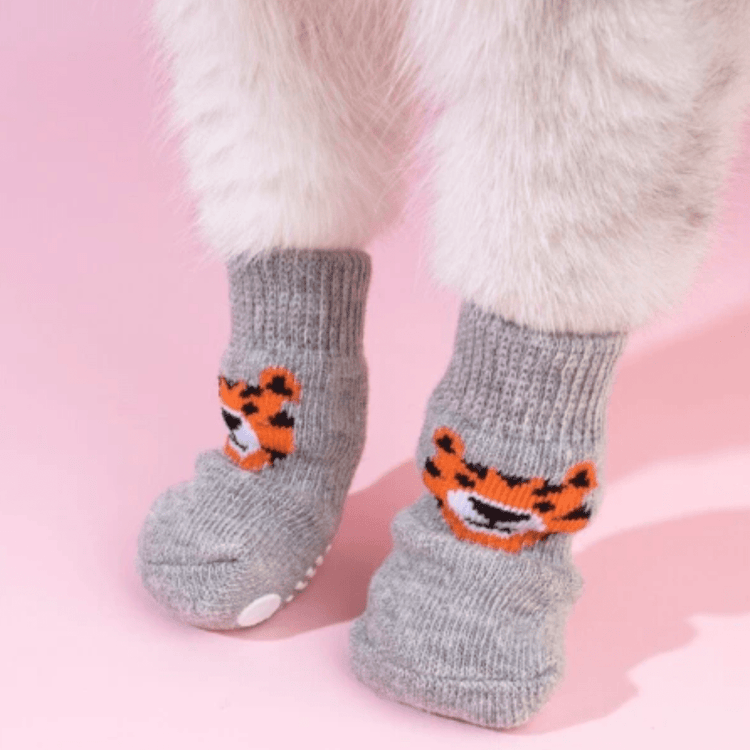 Dog Socks Gray Tiger Pattern Non Slip Pet Booties
