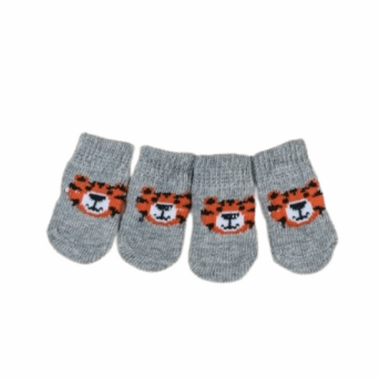Dog Socks Gray Tiger Pattern Non Slip Pet Booties
