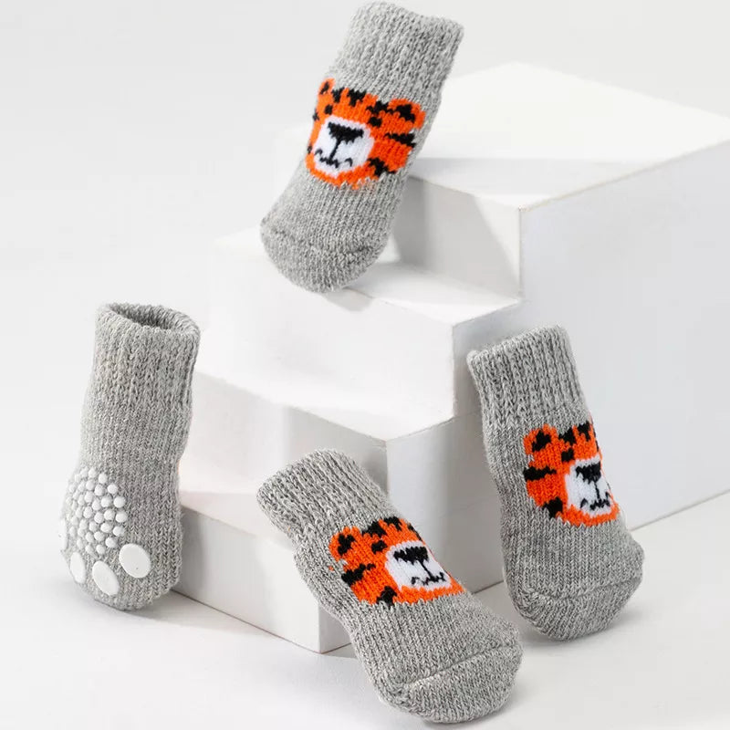 Dog Socks Gray Tiger Pattern Non Slip Pet Booties